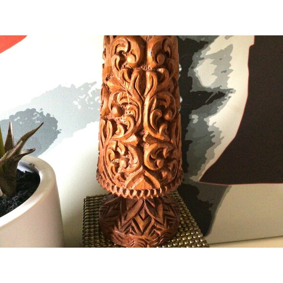 Vintage Vase Ornate Floral Hand Carvings Wooden 10" x 4"  Made In Thailand - Picture 3 of 14